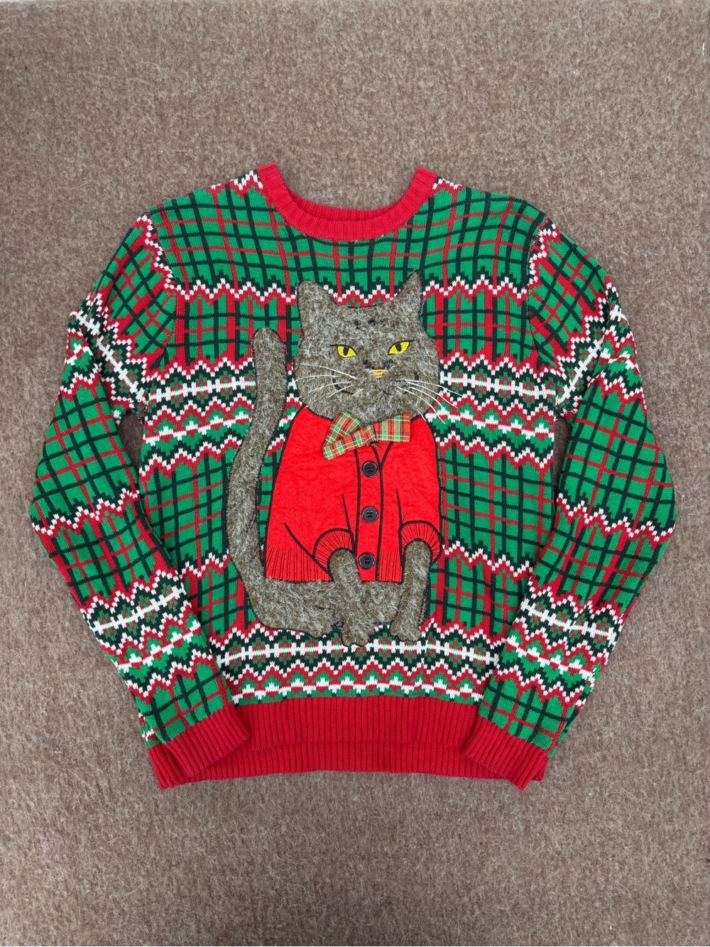 33Degrees Brown Cat Ugly Holiday Christmas Adult Small Pullover Fuzzy Sweater